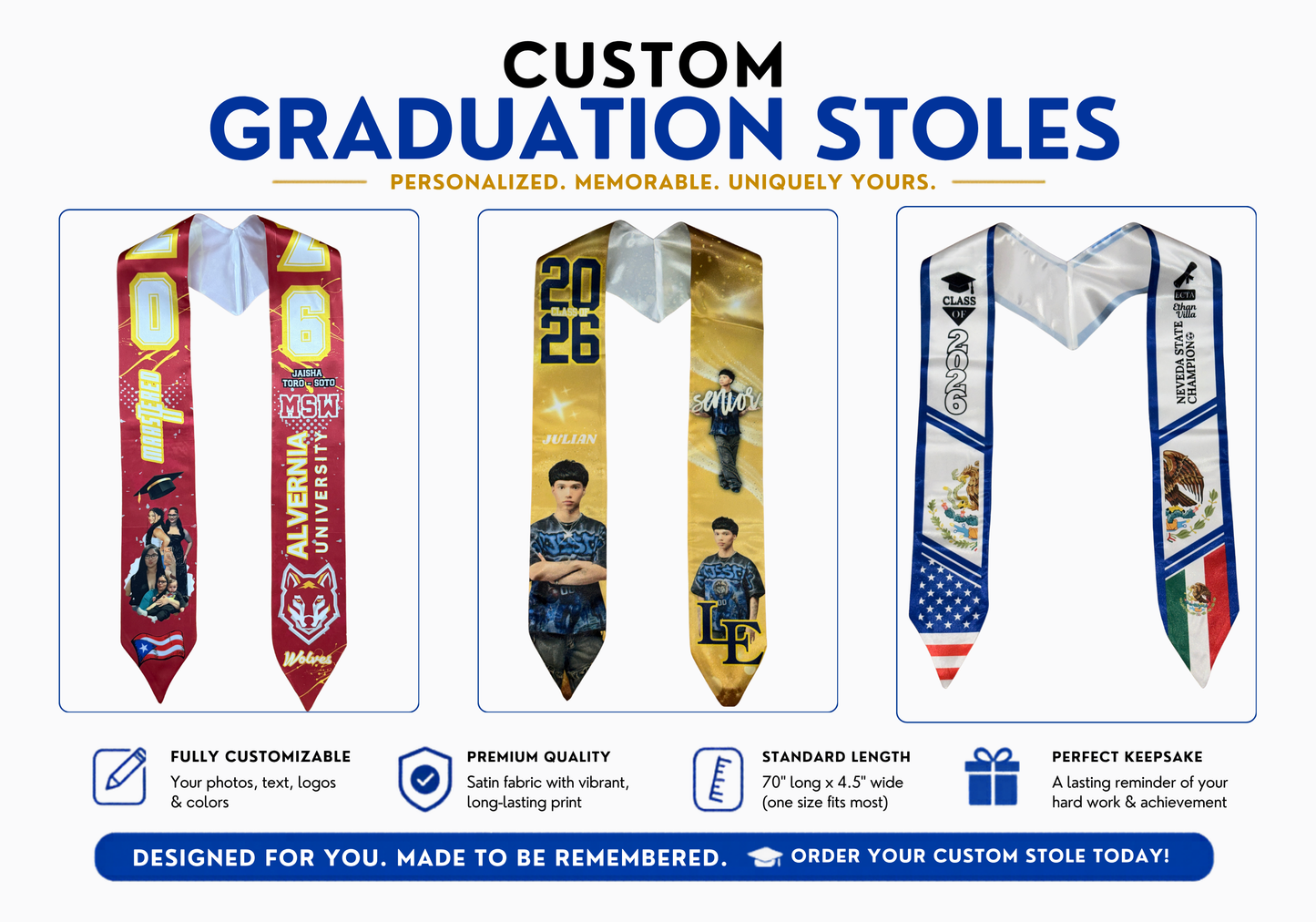 Custom graduation stole mockup with Class of 2026 personalization options