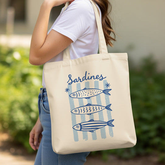 Canvas tote bag with three stylized blue sardines and "Sardines" text.