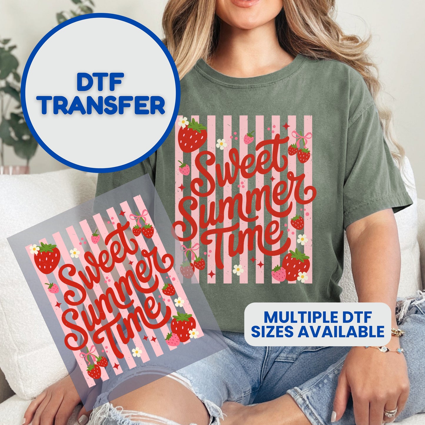 DTF transfer design "Sweet Summer Time" with strawberries and pink stripes.