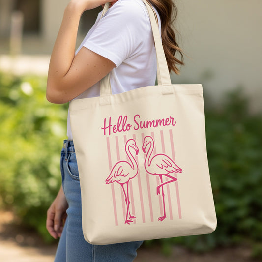 Canvas tote bag with pink flamingos and "Hello Summer" text.