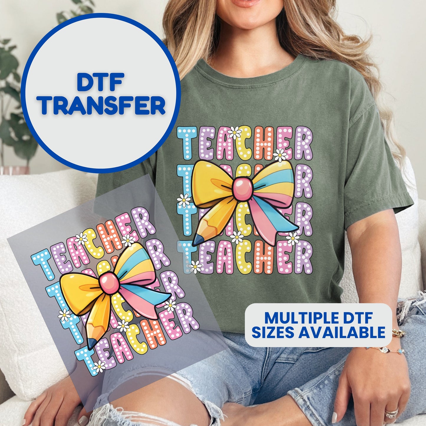 DTF transfer with colorful "Teacher" text and a rainbow bow.