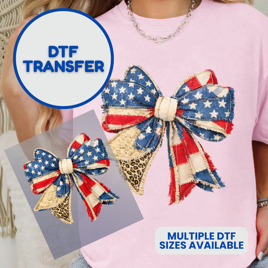 Distressed American flag bow with leopard print accent, DTF transfer sizes available.