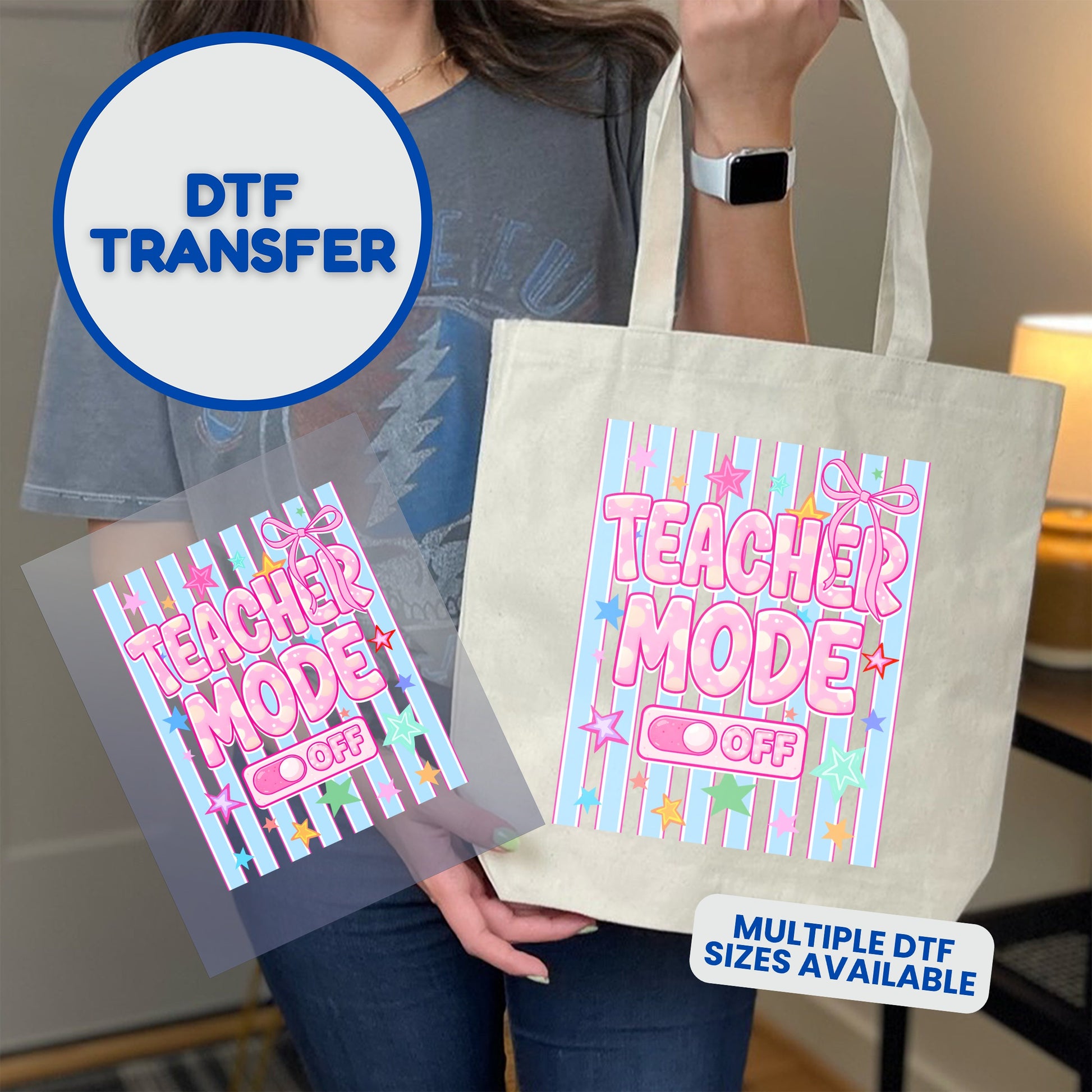 Teacher Mode DTF transfer design on tote bag, with glow-in-the-dark stars.