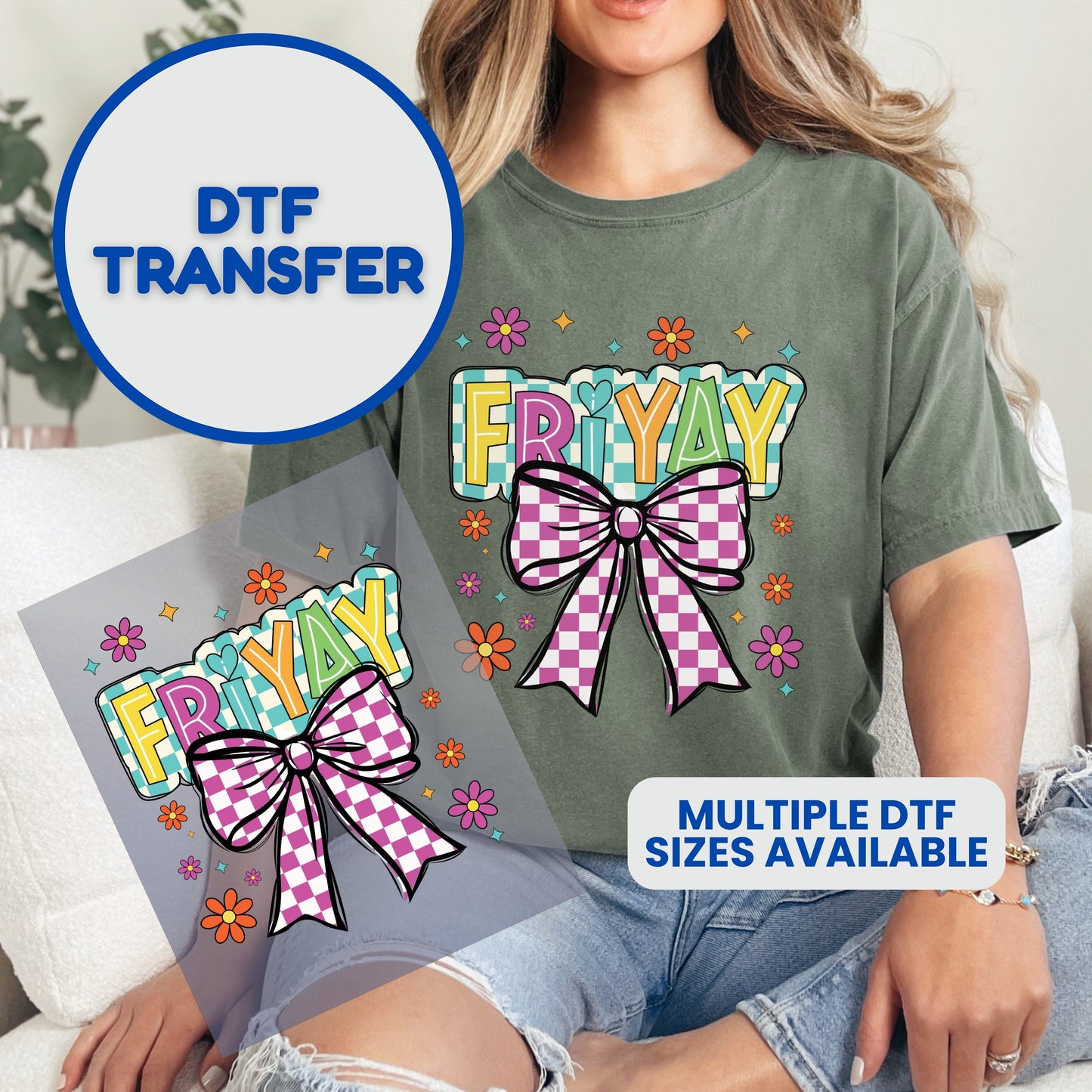 DTF transfer with "FRYAY" text and colorful checkered bow on a t-shirt.