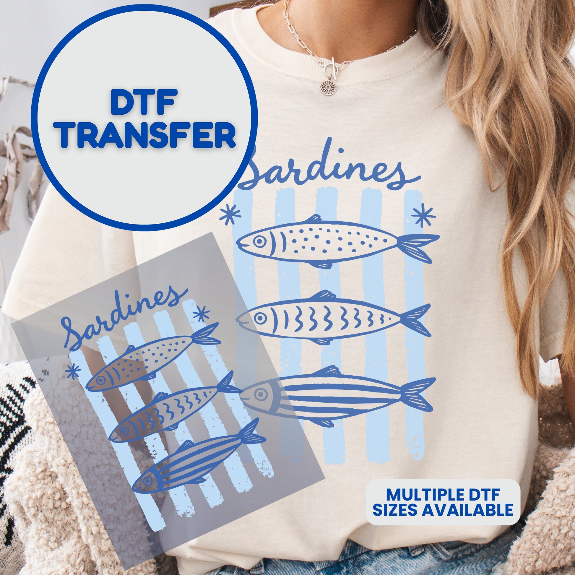 DTF transfer of four stylized sardines in blue, with "Sardines" text.