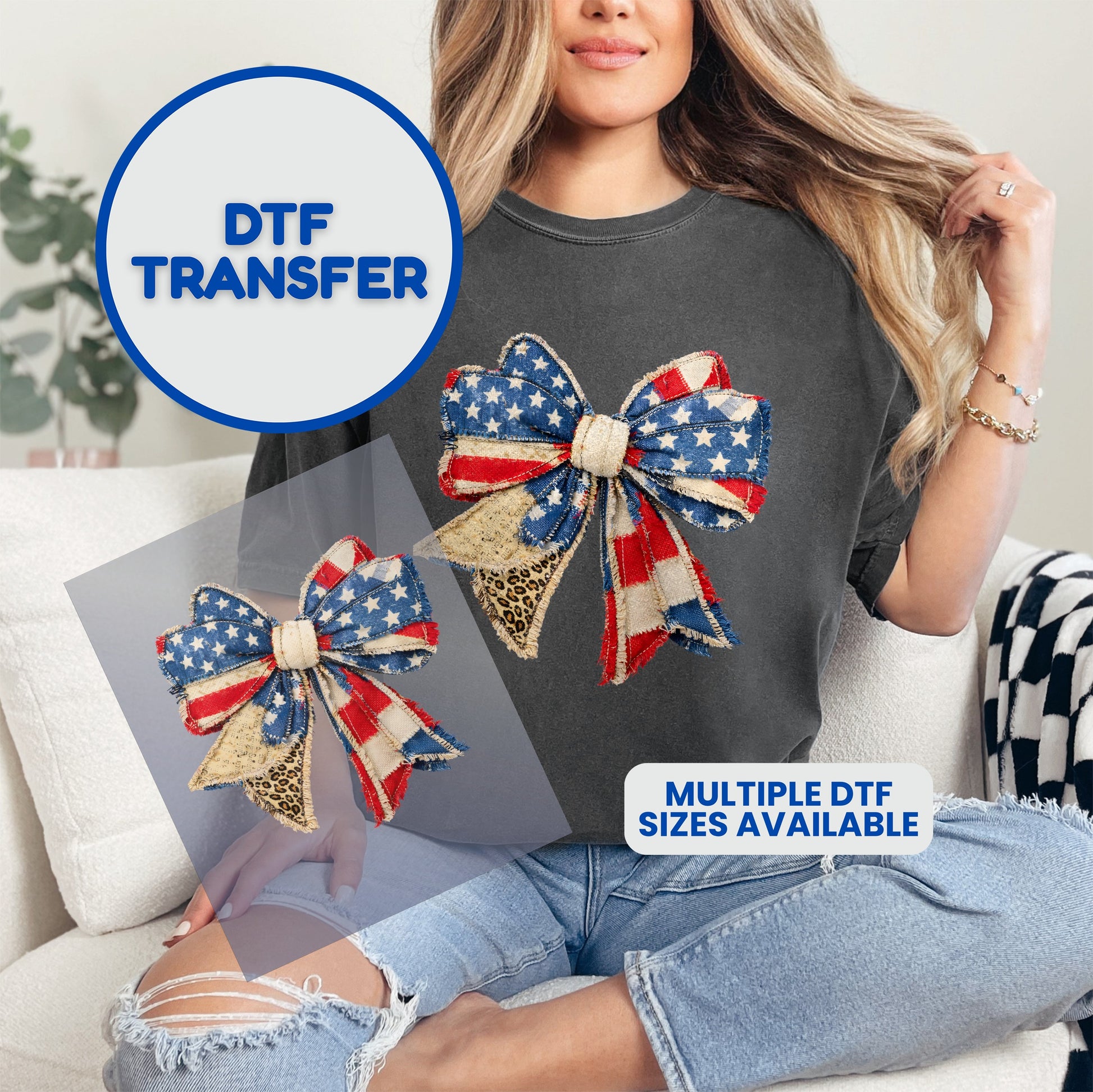 Apparel with American flag bow DTF transfer, multiple sizes available.