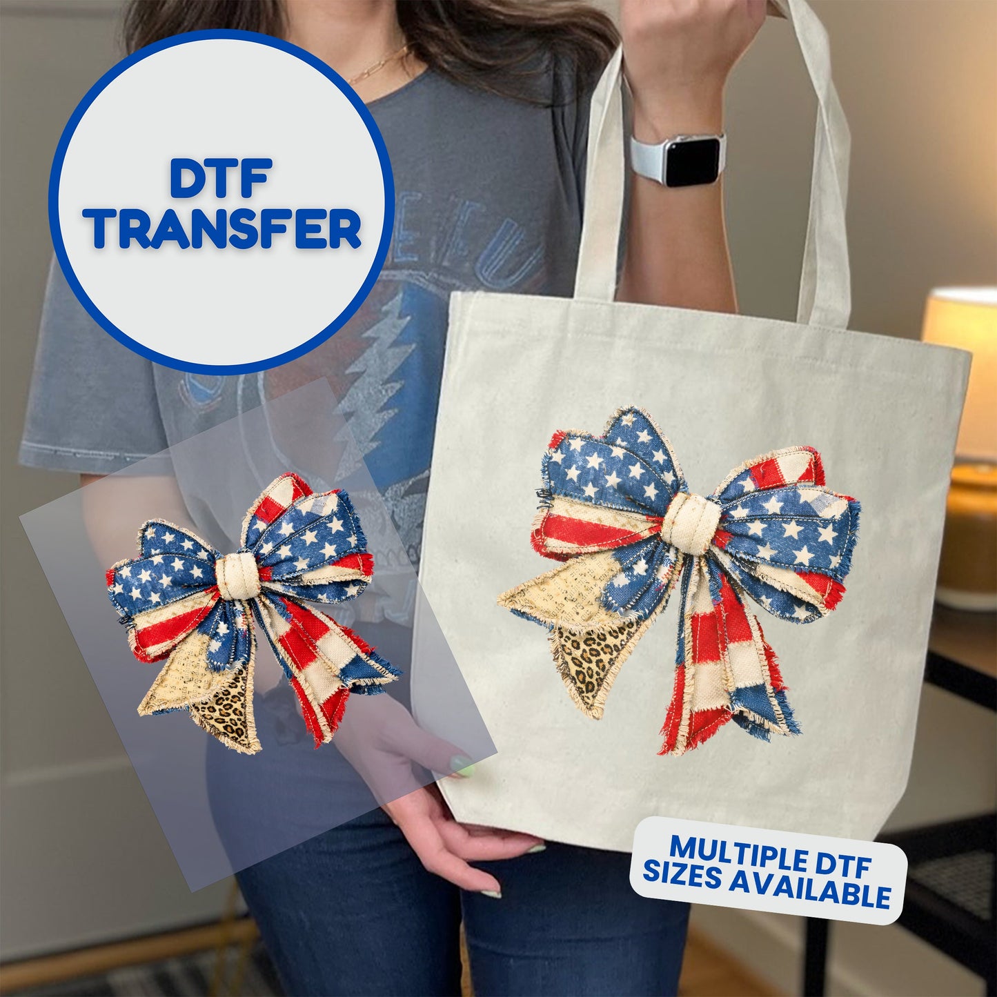 DTF transfer of a distressed bow with stars and stripes pattern on a canvas tote.