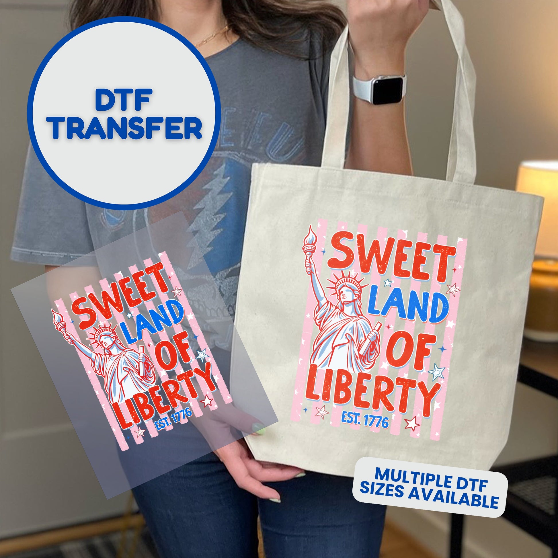 DTF transfer design for "Sweet Land of Liberty" with Statue of Liberty.