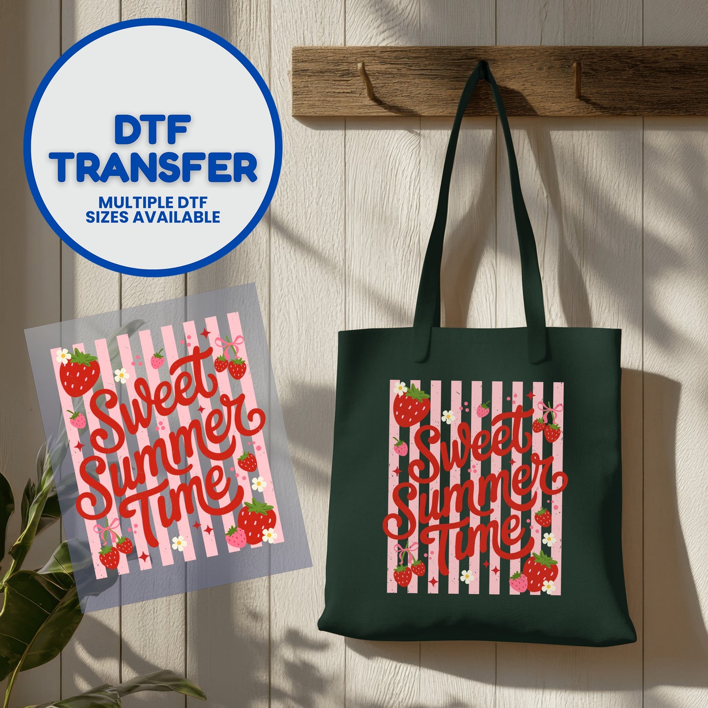 Dark green tote bag with pink stripes and "Sweet Summer Time" text and strawberries.