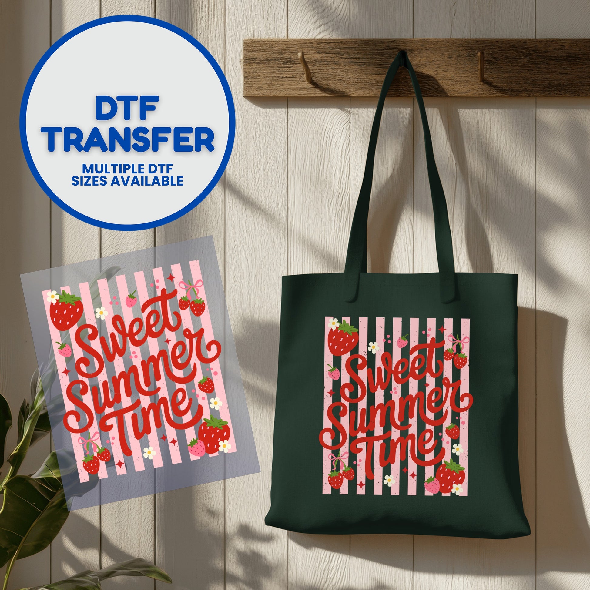 Dark green tote bag with pink stripes and "Sweet Summer Time" text and strawberries.