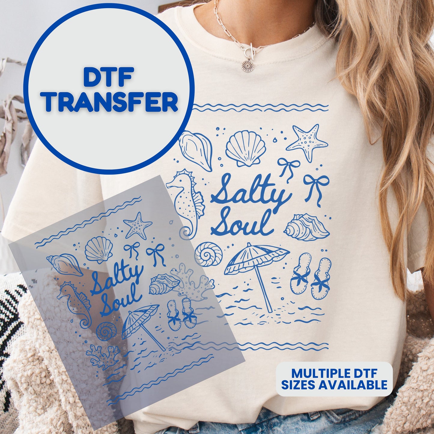 DTF transfer featuring seashells, starfish, seahorses, and "Salty Soul" text.