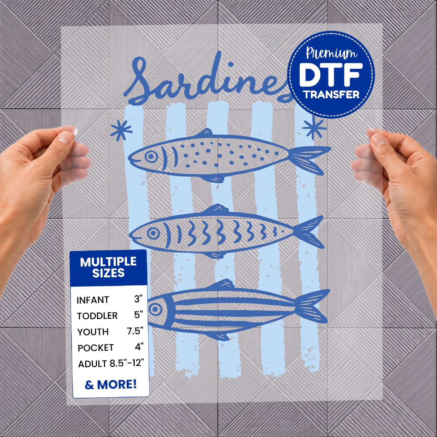 Sardines DTF transfer with size chart featuring infant, toddler, youth, pocket, and adult sizes.