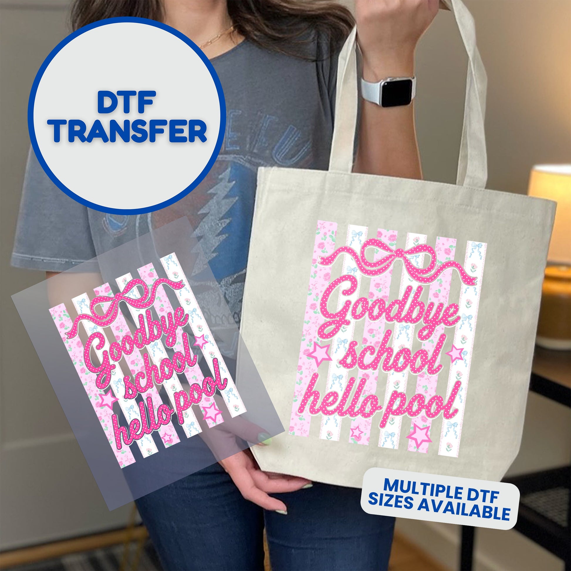 DTF transfer of "Goodbye school, hello pool" with pink ribbon and polka dots.