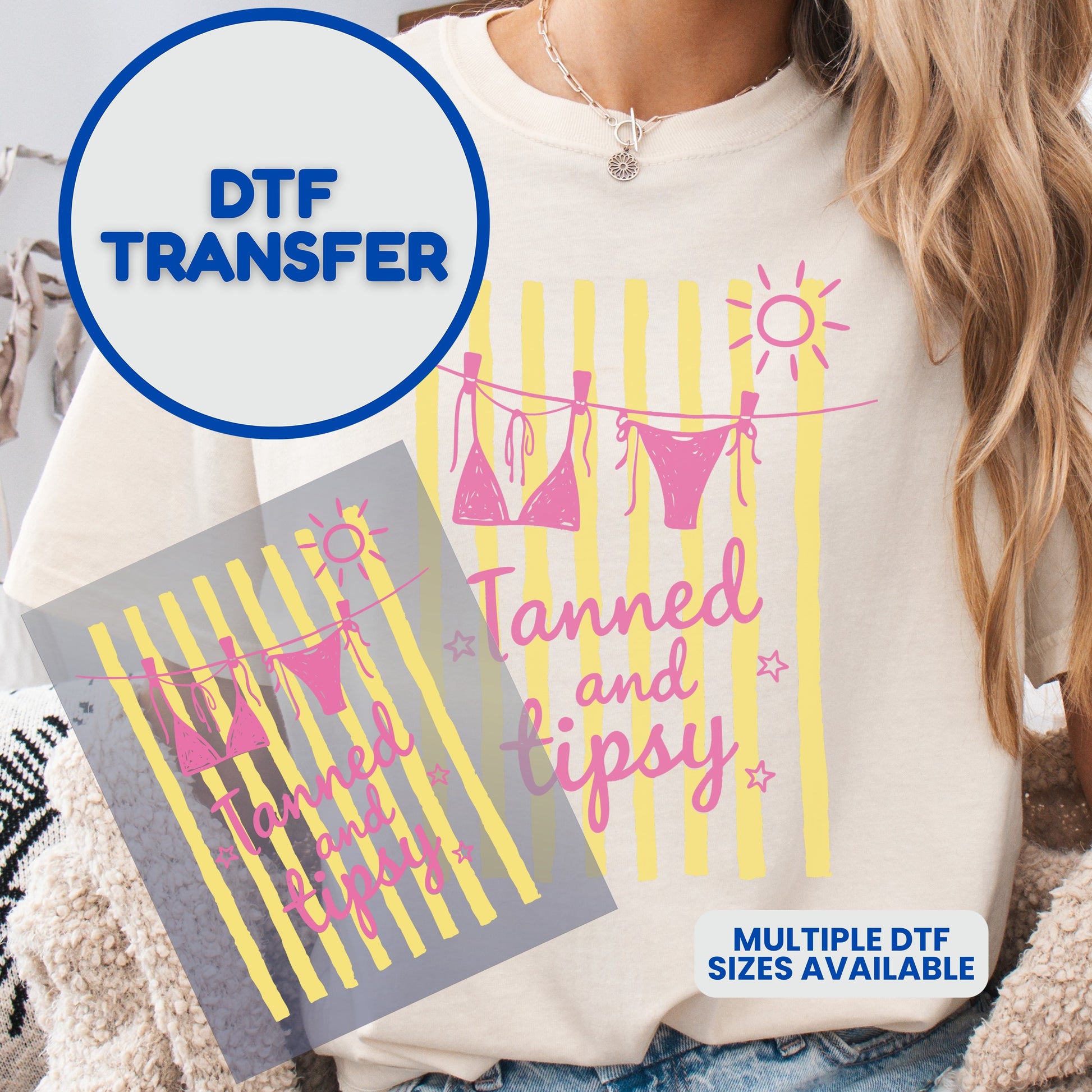 DTF transfer for a "Tanned and Tipsy" shirt with bikinis on a clothesline.