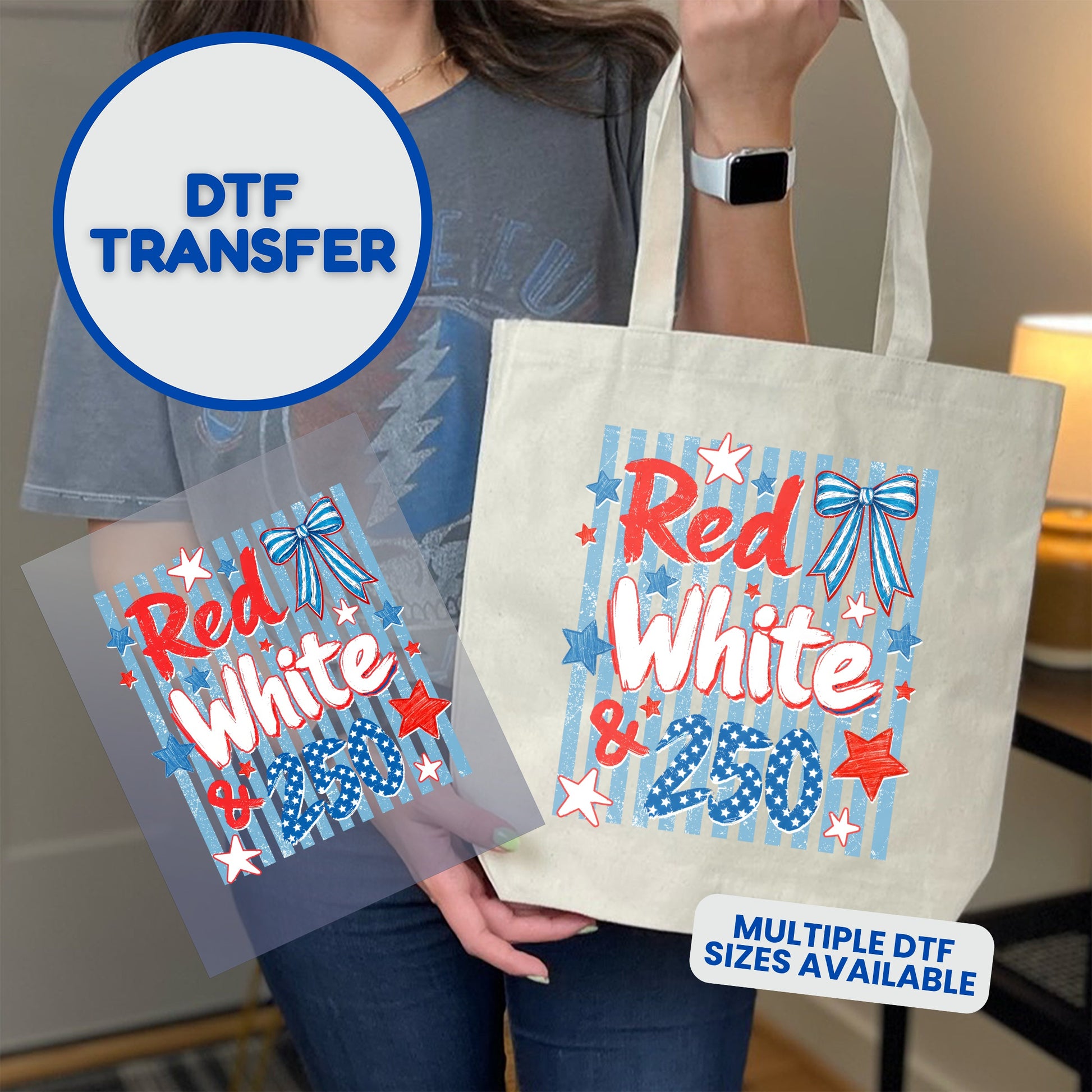 Red White & 250 DTF transfer design on canvas tote bag.