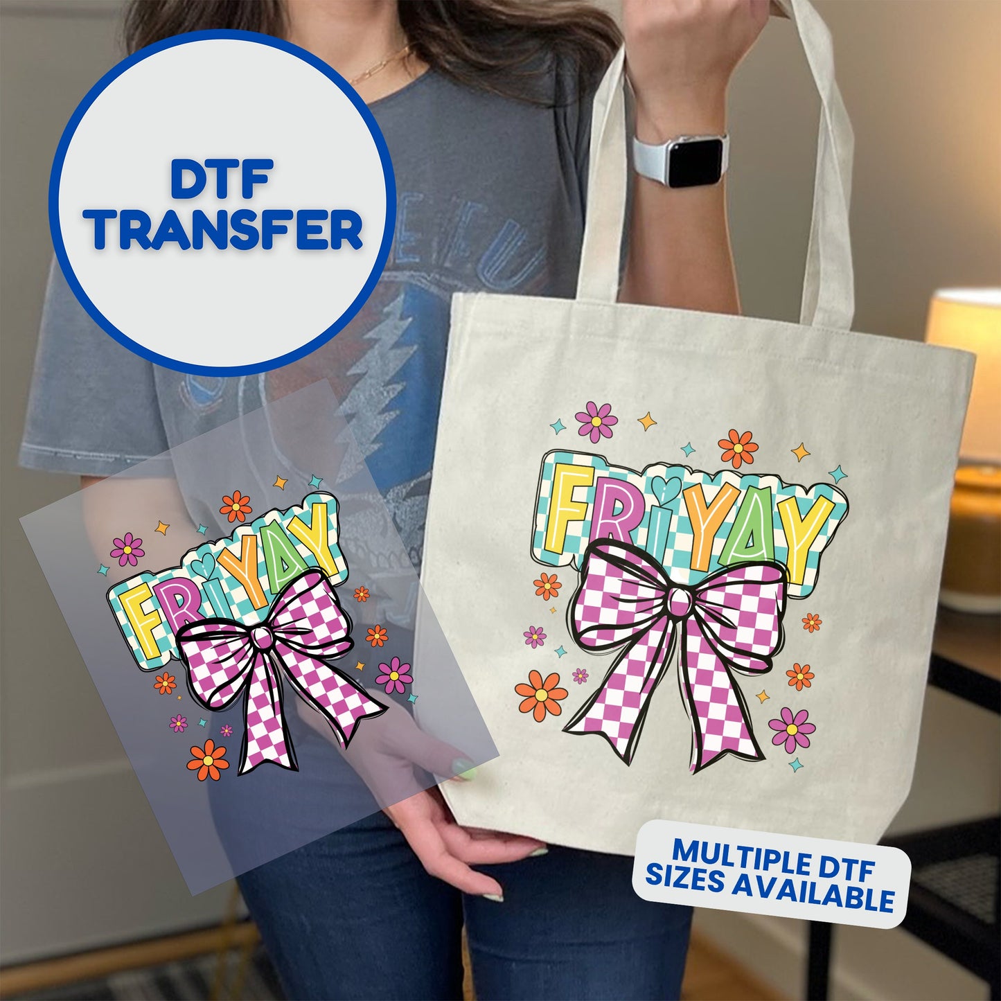"FRIYAY" DTF transfer with pink and white checkered bow and flowers.