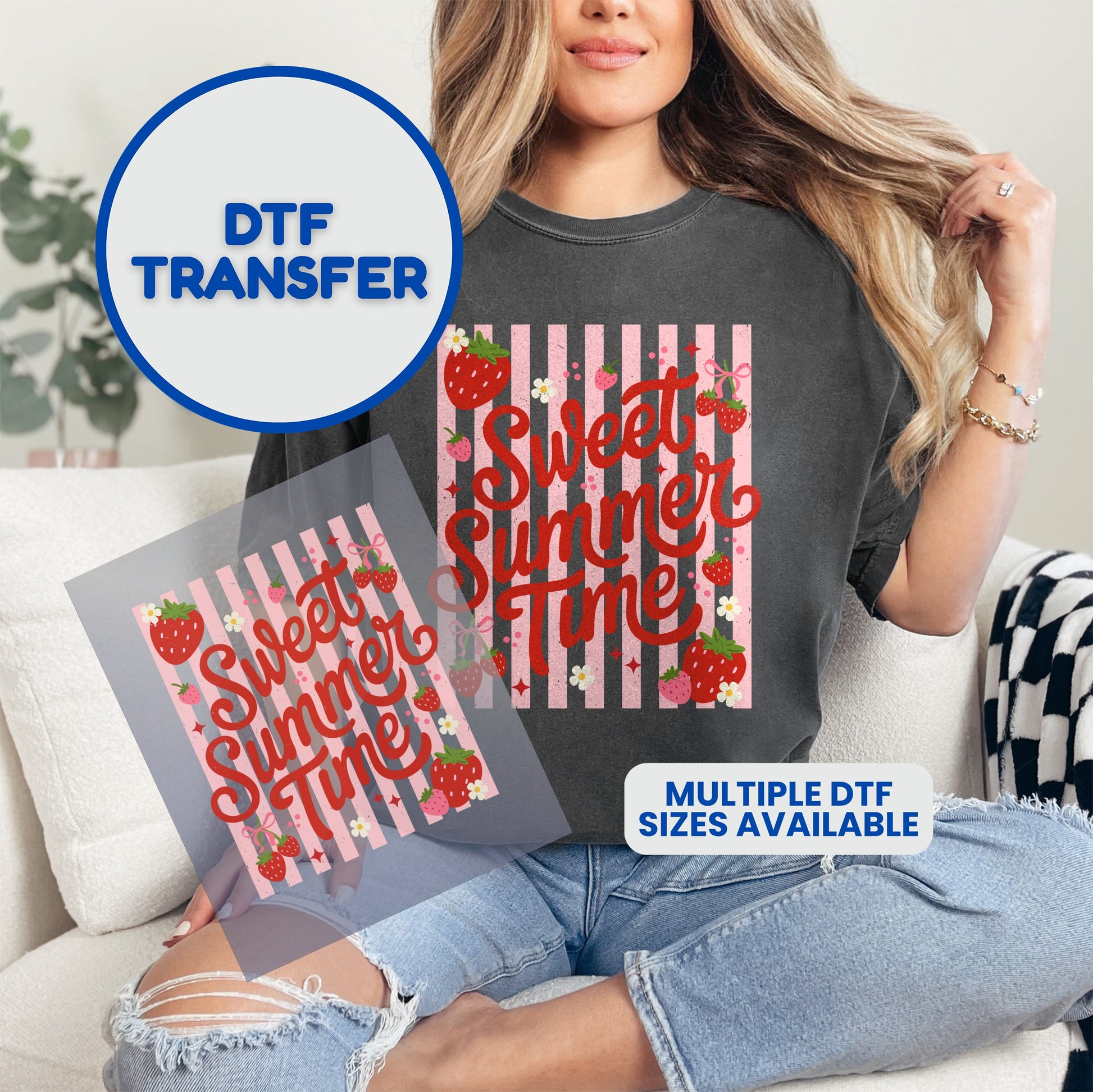 DTF transfer for "Sweet Summer Time" with strawberries and pink stripes.