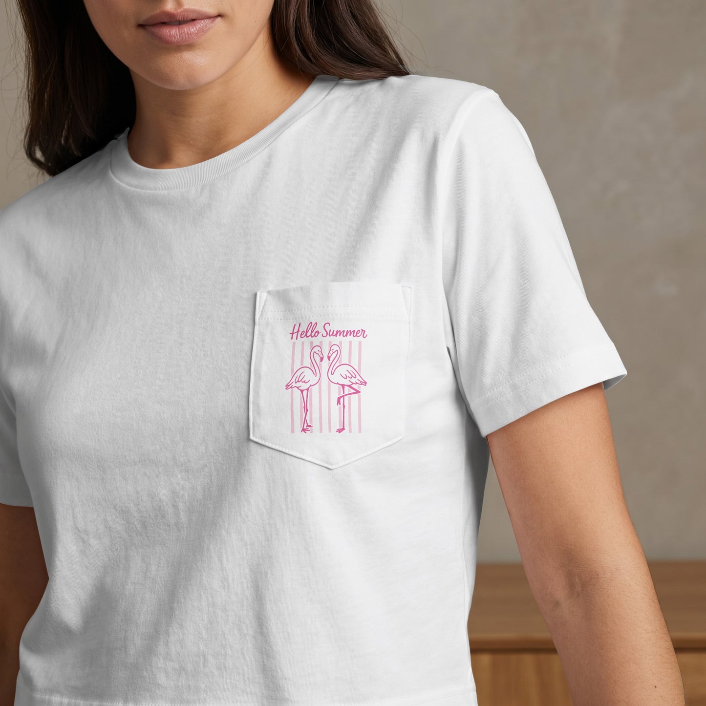 White t-shirt with pink flamingos and "Hello Summer" text on pocket.