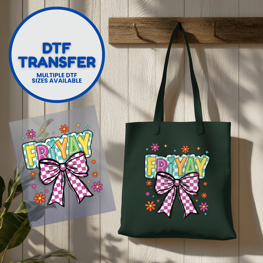 "FRIDAY" text design with checkered bow on tote bag and transfer sheet.