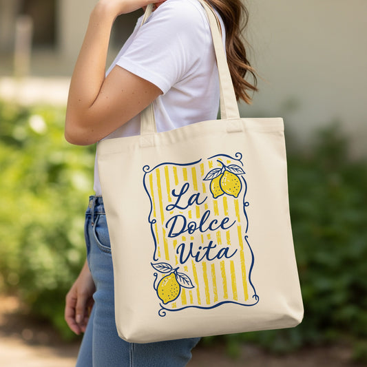 Cream tote bag with "La Dolce Vita" and lemons design.