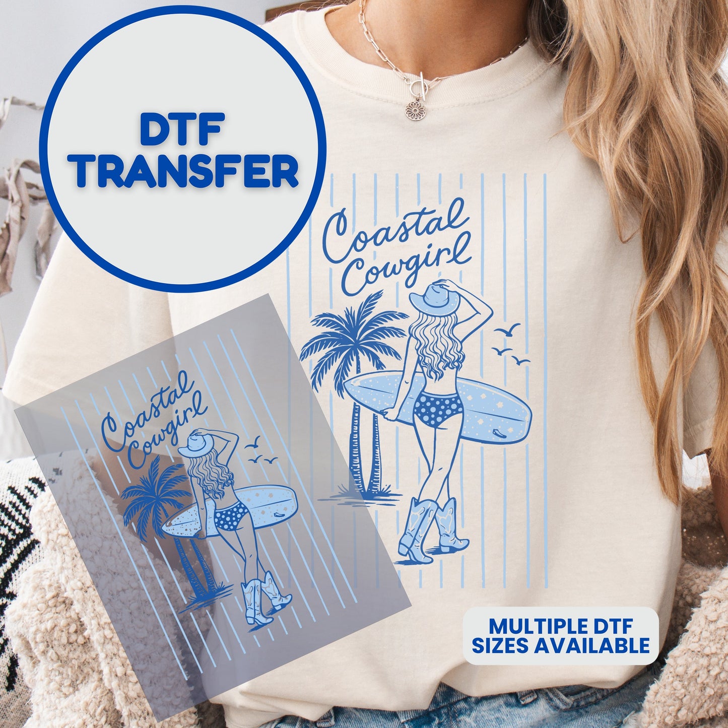 Coastal Cowgirl DTF transfer with surfboard, palm tree, and boots.