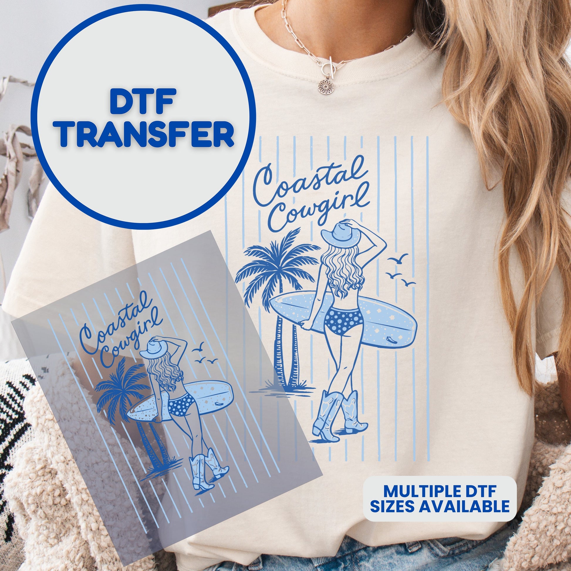 Coastal Cowgirl DTF transfer with surfboard, palm tree, and boots.