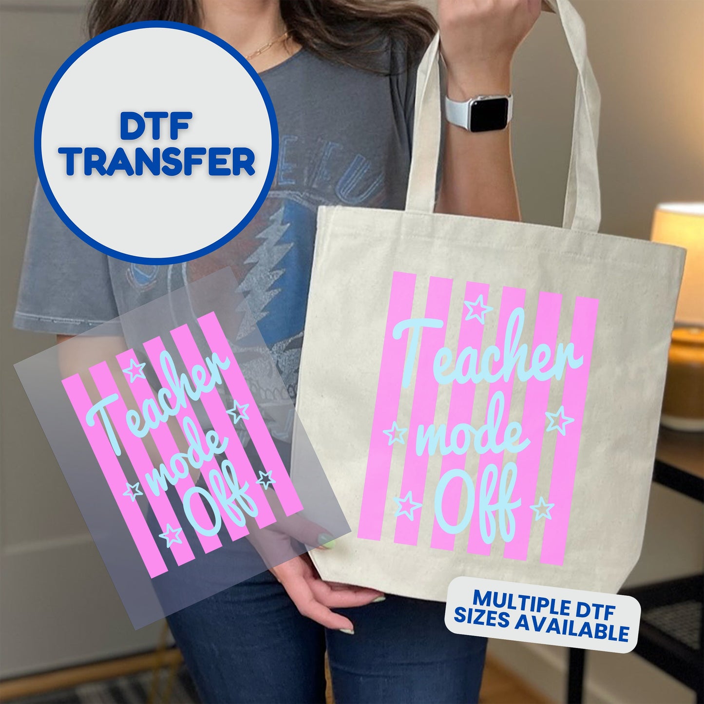 Teacher mode Off DTF transfer on tote bag with stars and stripes.