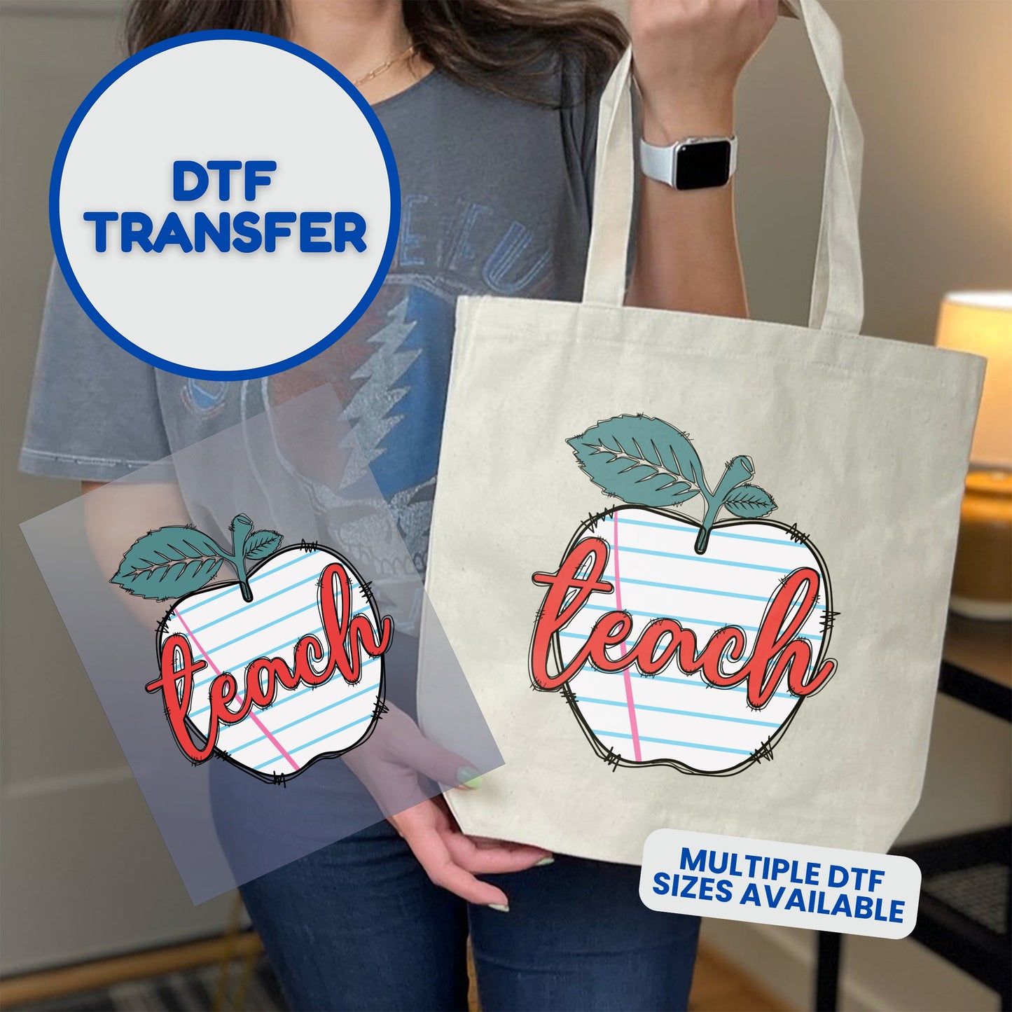 DTF transfer featuring a line-drawn apple with "teach" in cursive.