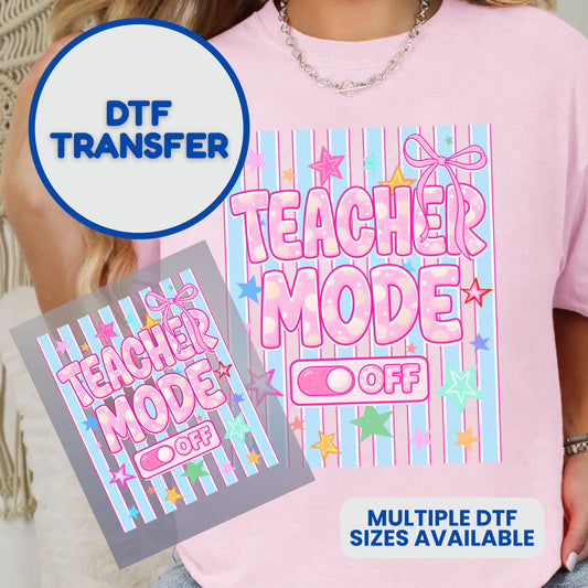 Teacher Mode DTF transfer and t-shirt with stripes and stars.