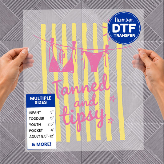 Tanned and tipsy pink bikini DTF transfer with size chart.