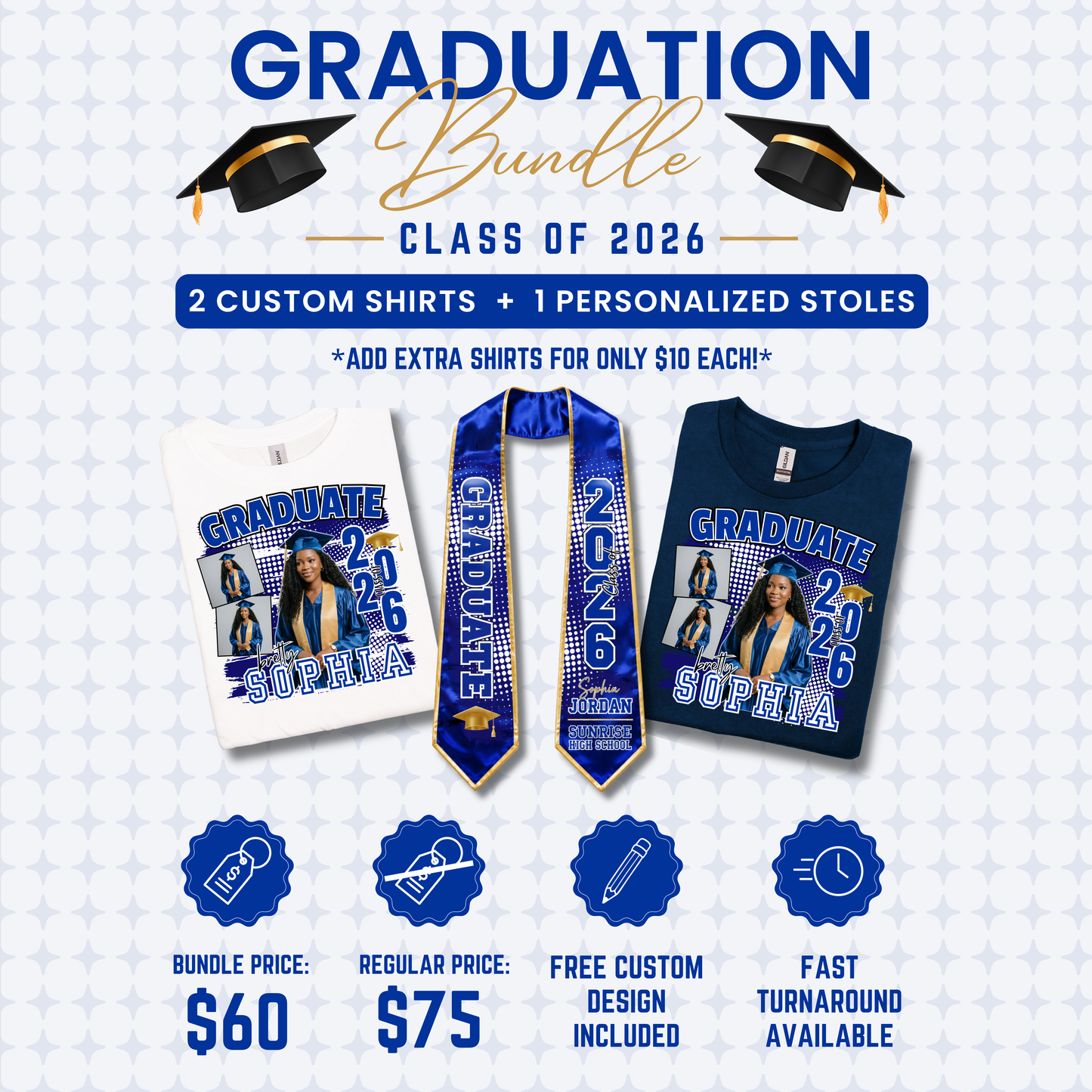 Custom graduation bundle for Class of 2026 — personalized t-shirt and matching stole set