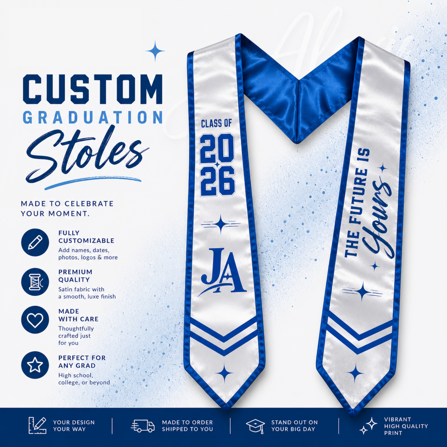Custom personalized graduation stole printed with school colors and graduate's name