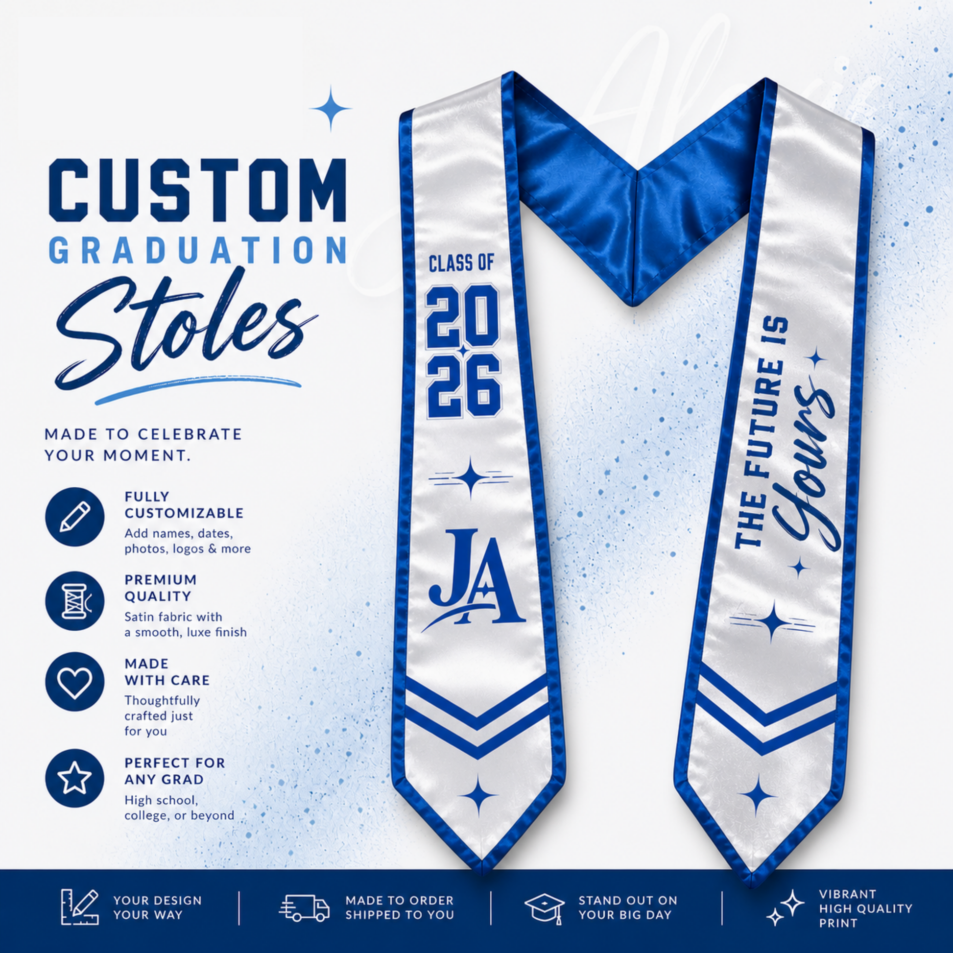 Custom personalized graduation stole printed with school colors and graduate's name
