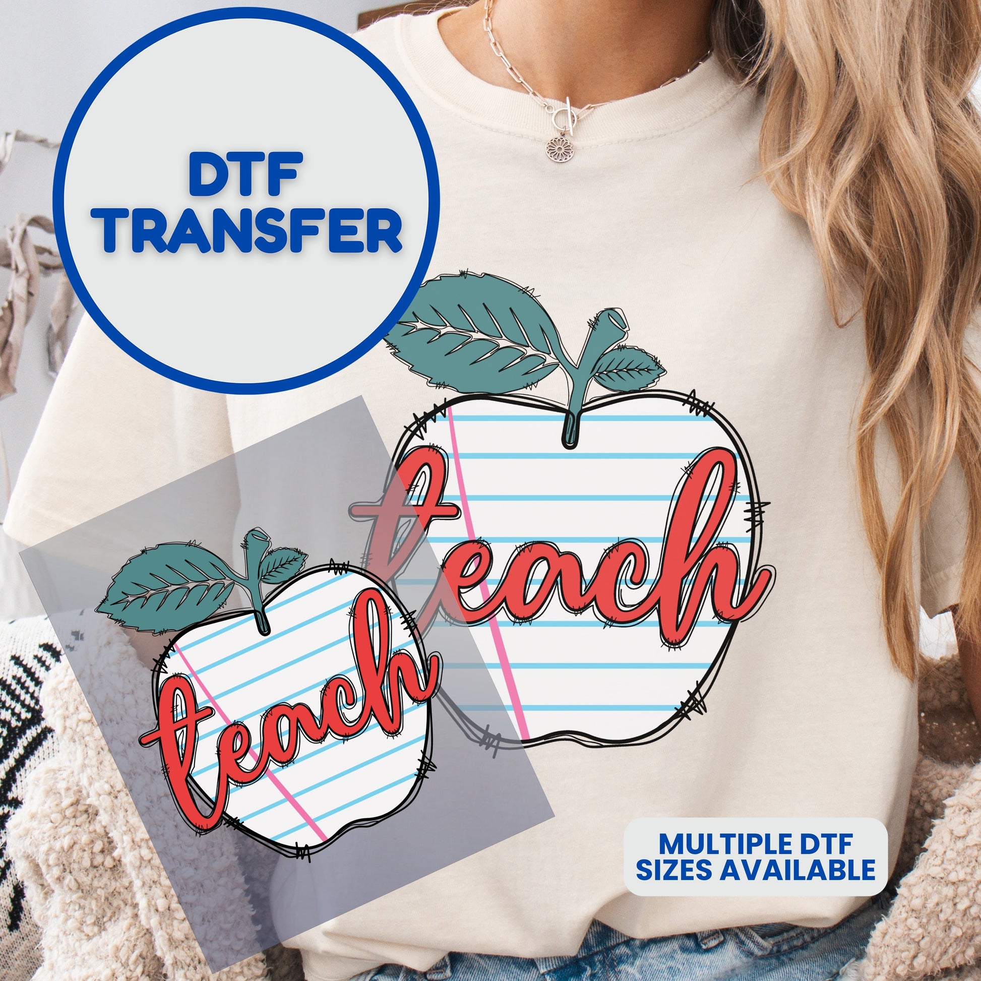 DTF transfer featuring a notebook paper apple with "teach" text.
