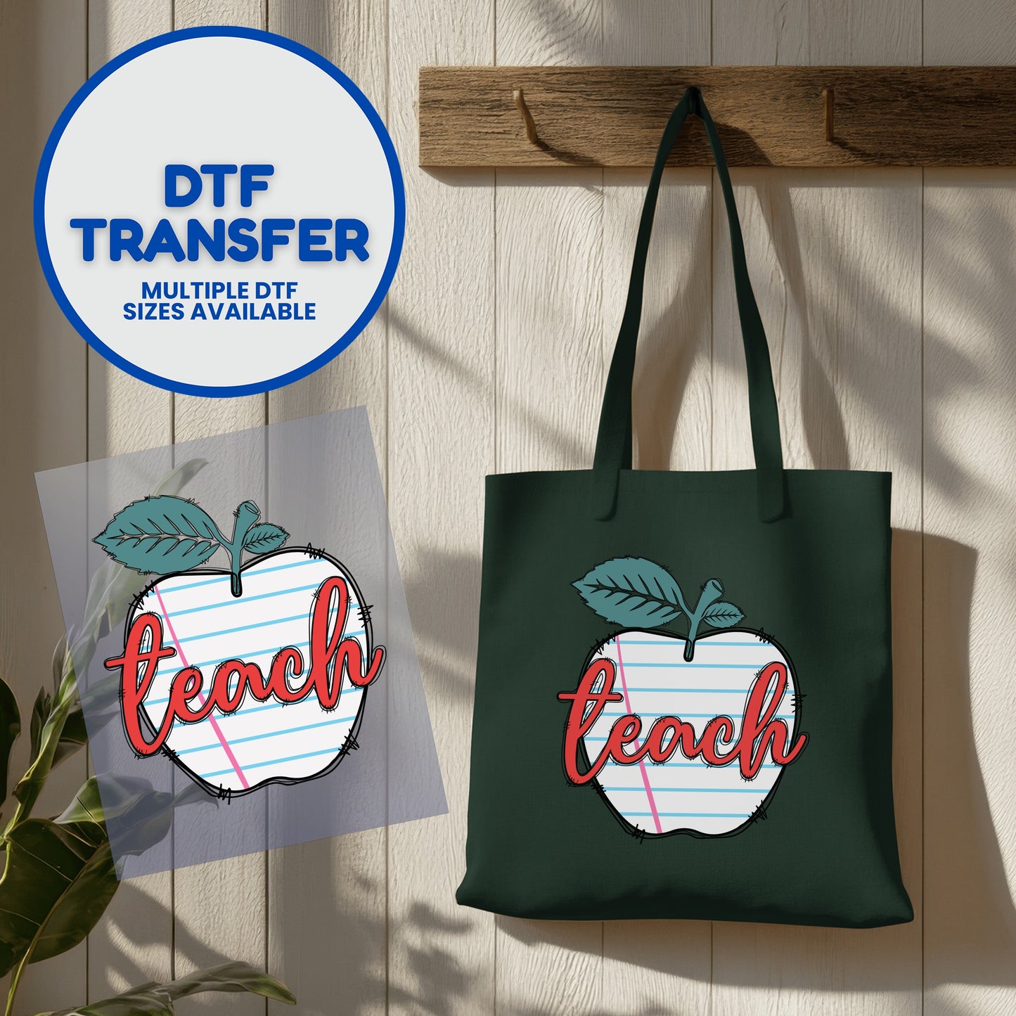 DTF transfer for tote bag: "teach" text on apple with ruled paper background.