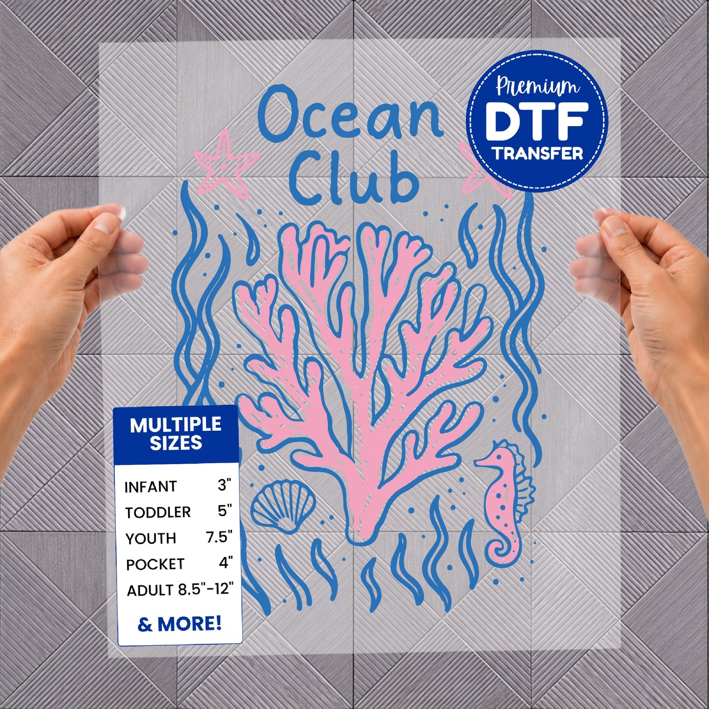Pink coral and seahorse graphic with "Ocean Club" text and size chart.