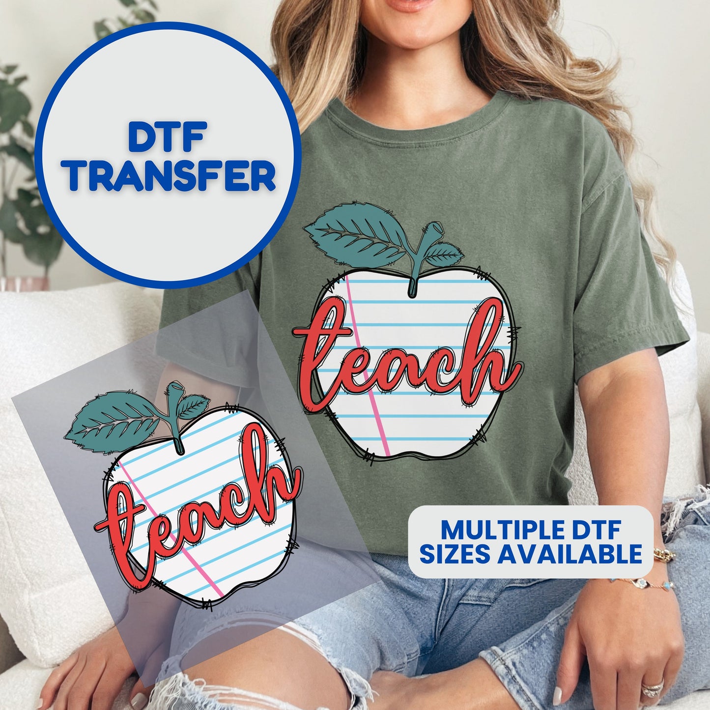 DTF transfer for "Teach" apple design, multiple sizes available.