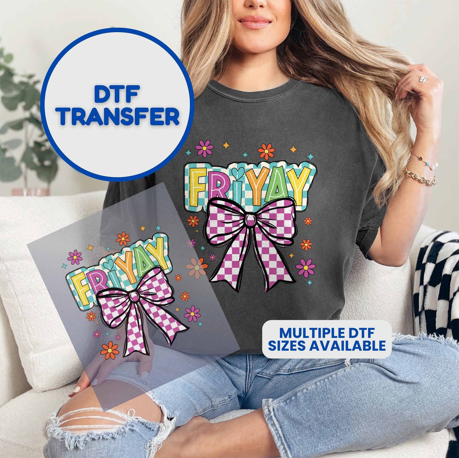 DTF transfer design with "FRYAY" text and pink and white checkered bow.