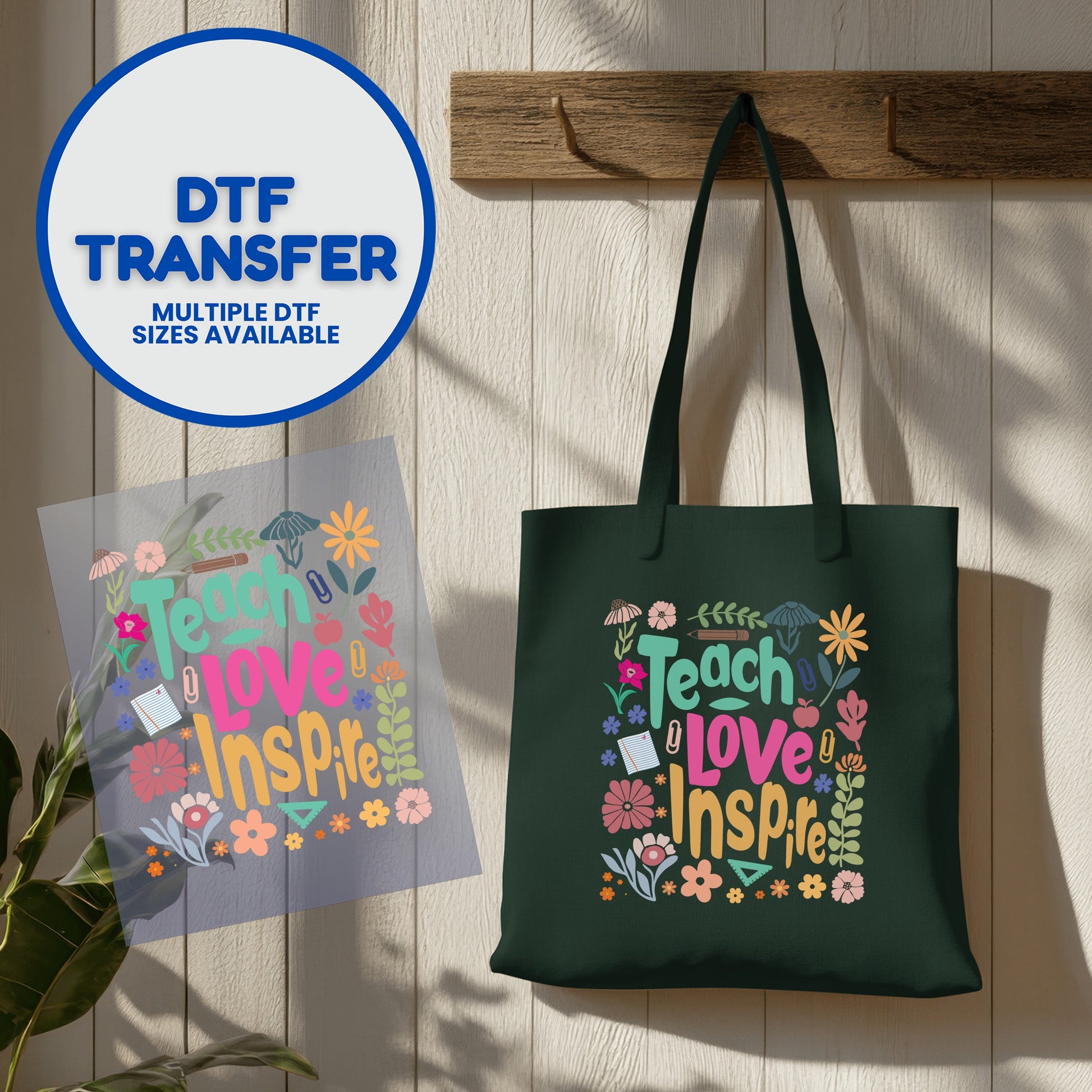 Dark green tote bag with "Teach Love Inspire" design and colorful floral elements.