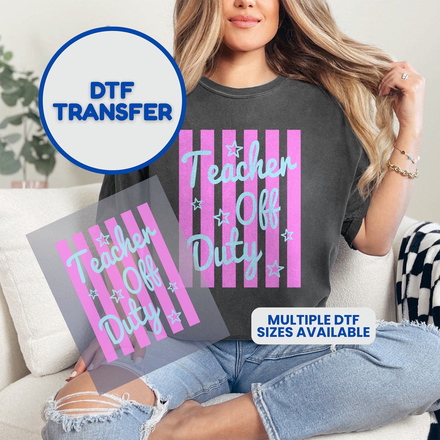 DTF transfer graphic with pink stripes and stars for "Teacher Off Duty."
