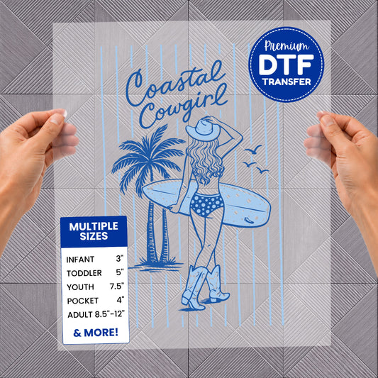 Coastal Cowgirl DTF transfer with size chart on blue background.