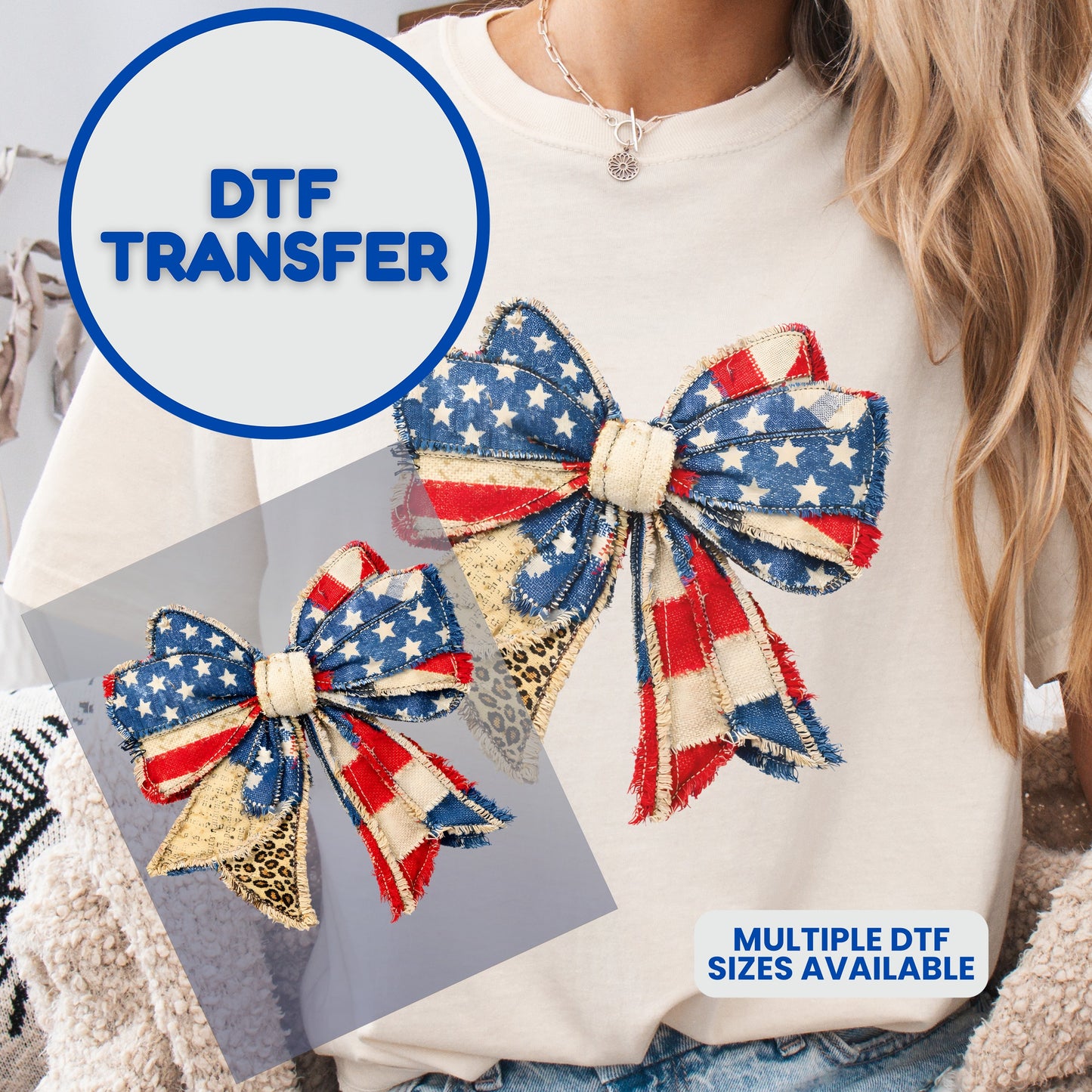 DTF transfer design of a patriotic bow with leopard print.