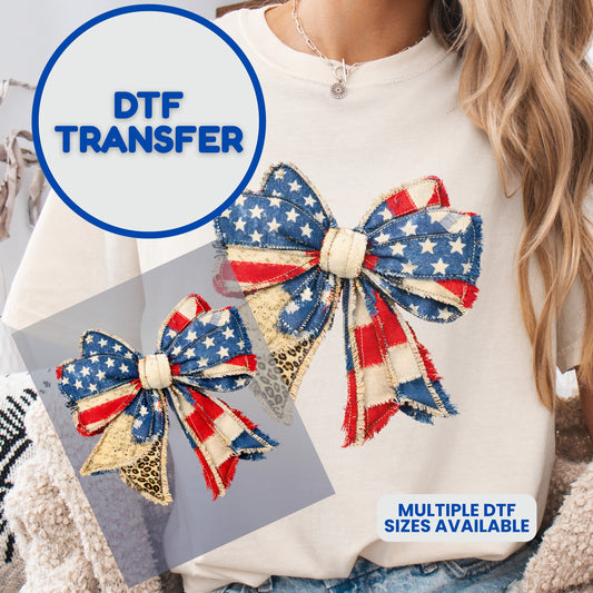 DTF transfer design of a patriotic bow with leopard print.