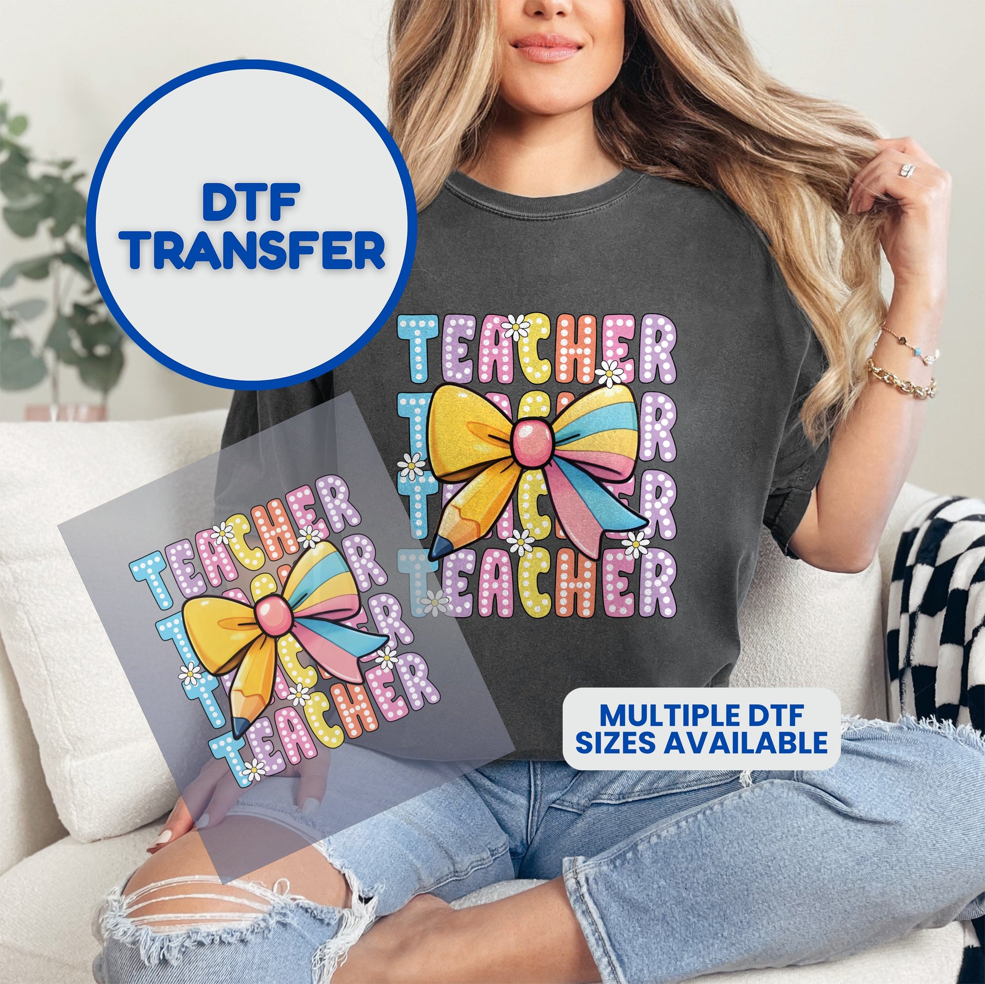 DTF transfer design with "Teacher" text and colorful bow, multiple sizes available.