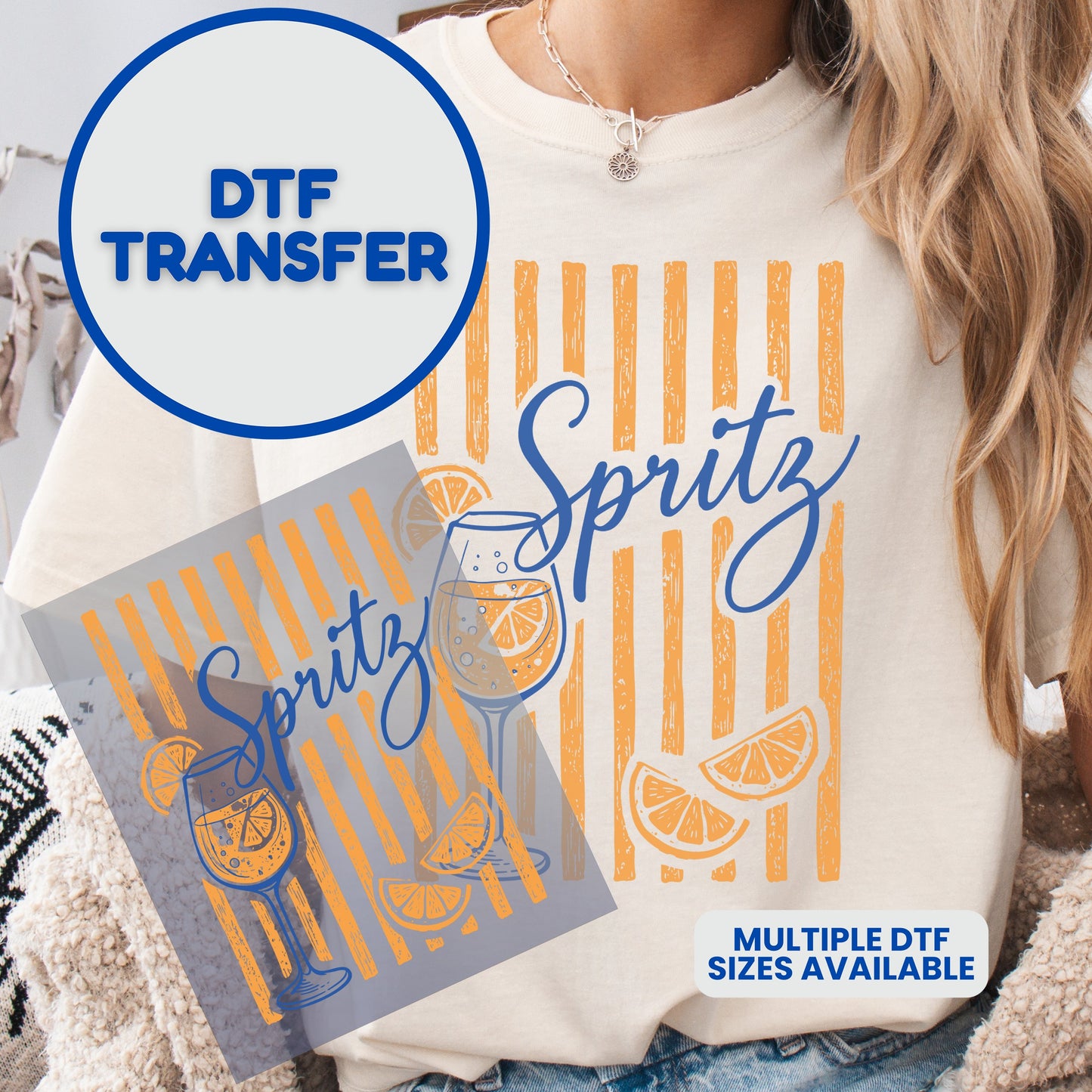 DTF transfer design for Spritz cocktail with oranges and stripes.