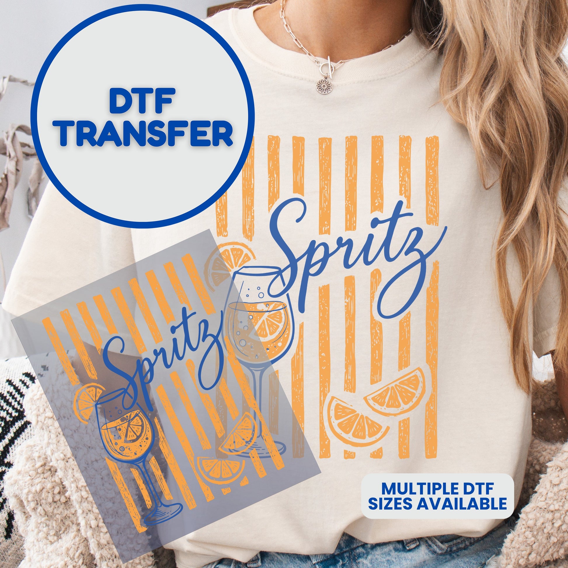 DTF transfer design for Spritz cocktail with oranges and stripes.
