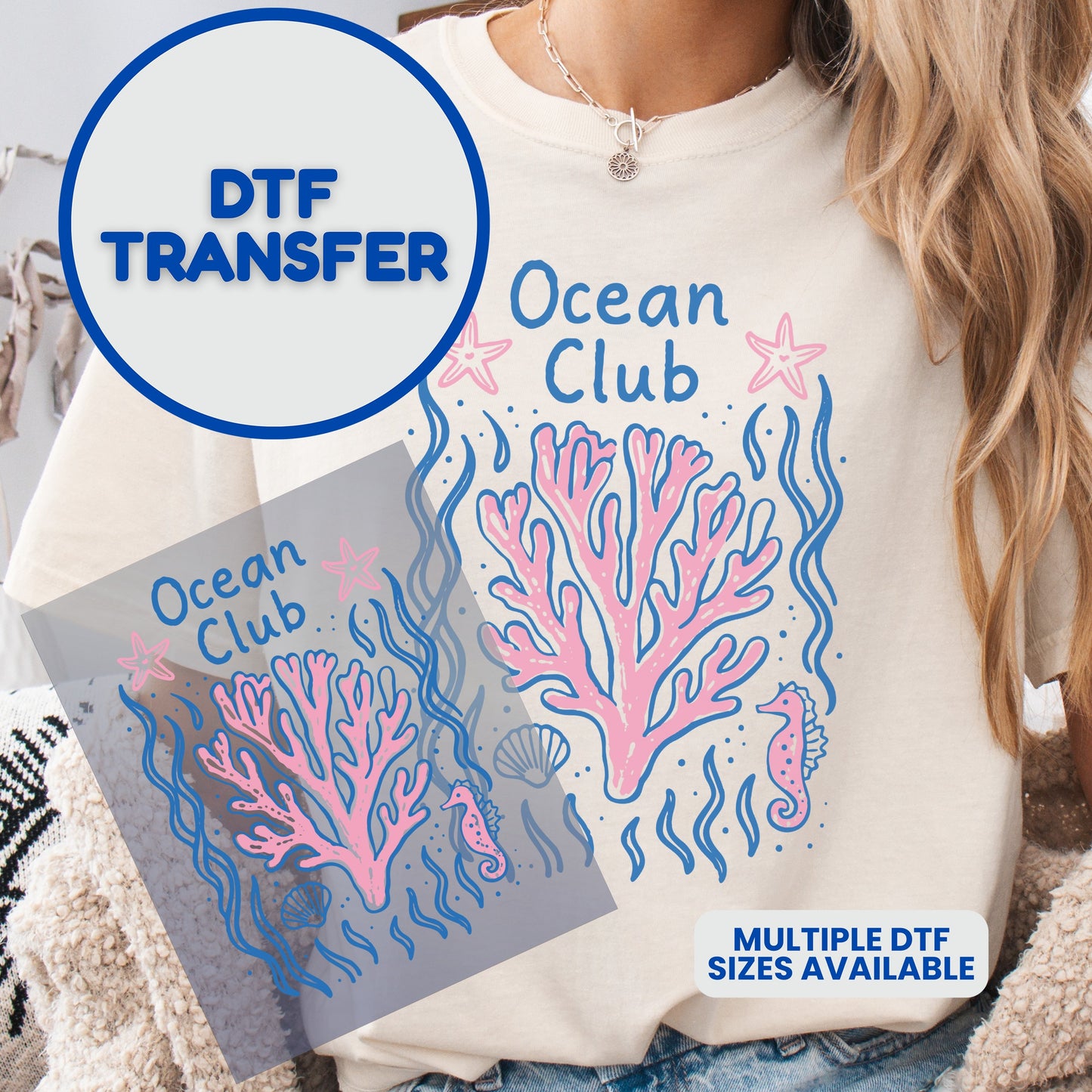 Ocean Club DTF transfer with pink coral and seahorses.