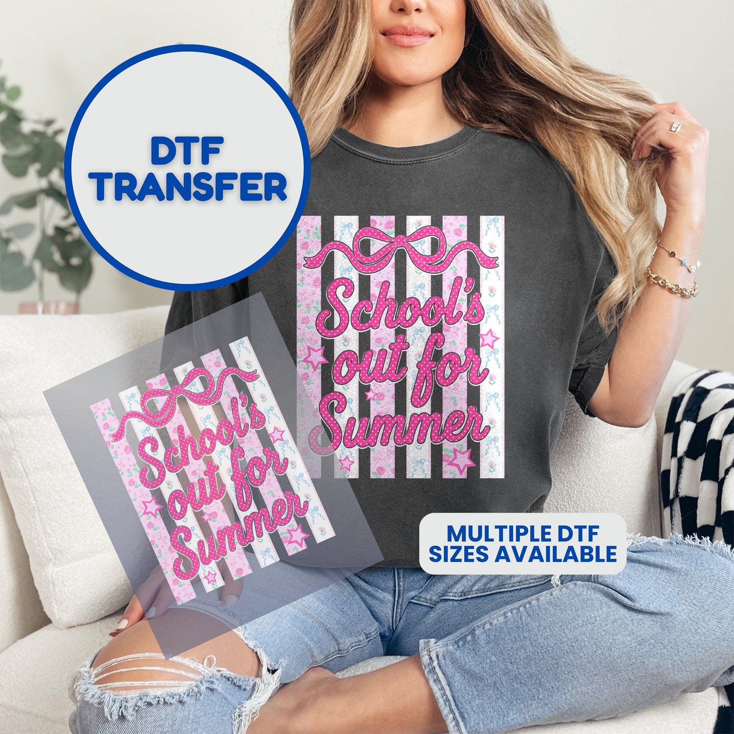 DTF transfer and t-shirt with "School's out for Summer" graphic and pink bows.