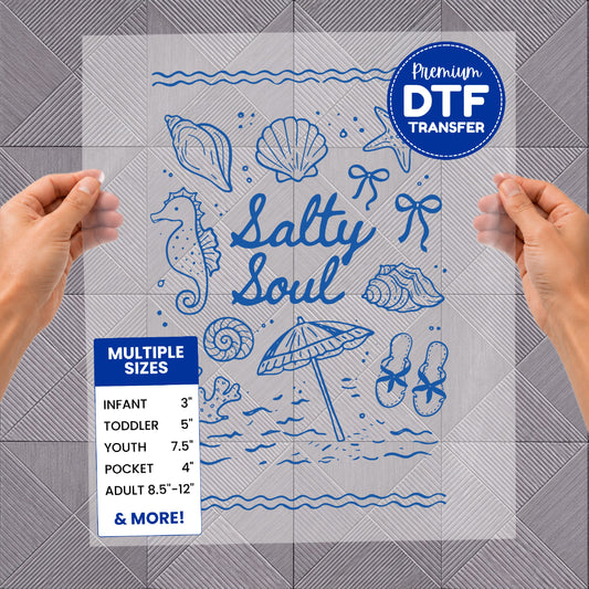 DTF transfer with "Salty Soul" beach design and size information.