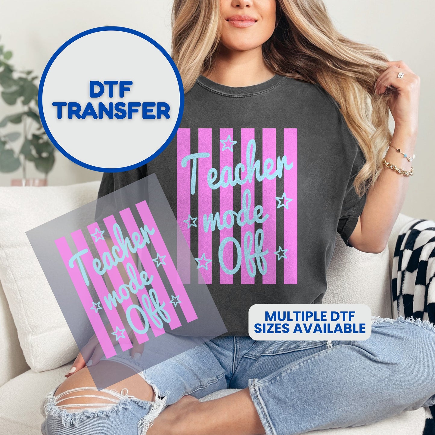 DTF transfer with "Teacher mode Off" text and stripes on t-shirt.